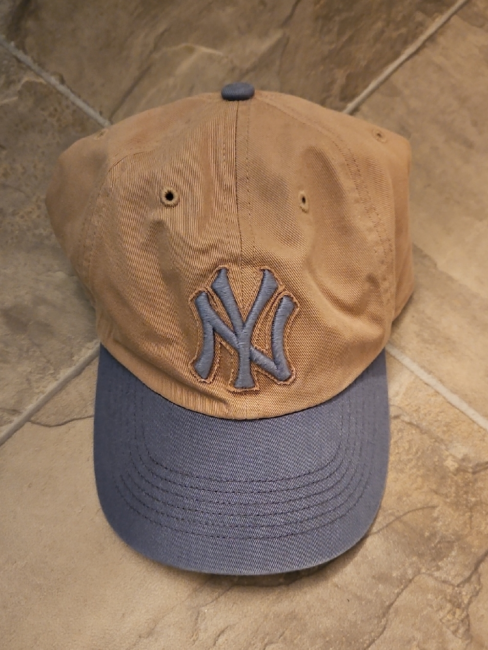 Two-Tone Tan and Blue Embroidered Baseball Cap